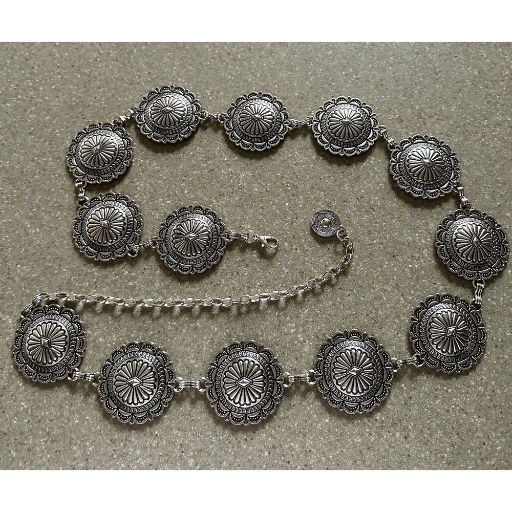 49 inch Concho Chain Belt – Vintage Silver Adjustable Waist Jewelry Hobo Concert - Picture 6 of 7